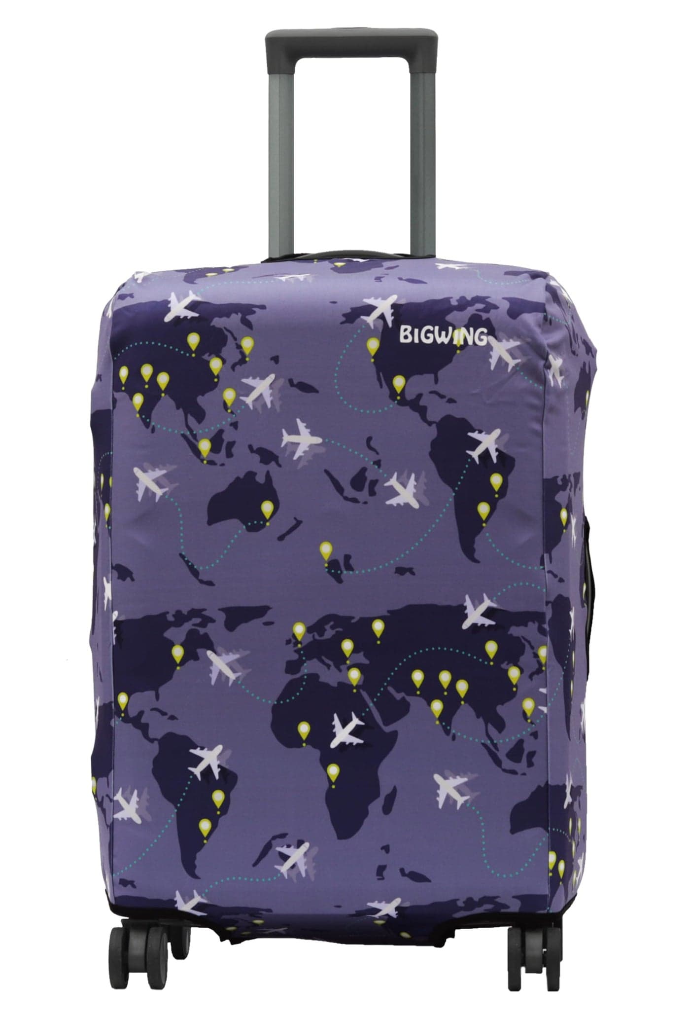 BIGWING Protective Cover in Polyester Fabric with Map Print for | 20 inch 55 cm Small Size | Hard Luggage Trolley Bag Cover (Fits Only On Fiber - Plastic Trolley Bag) Purple Color