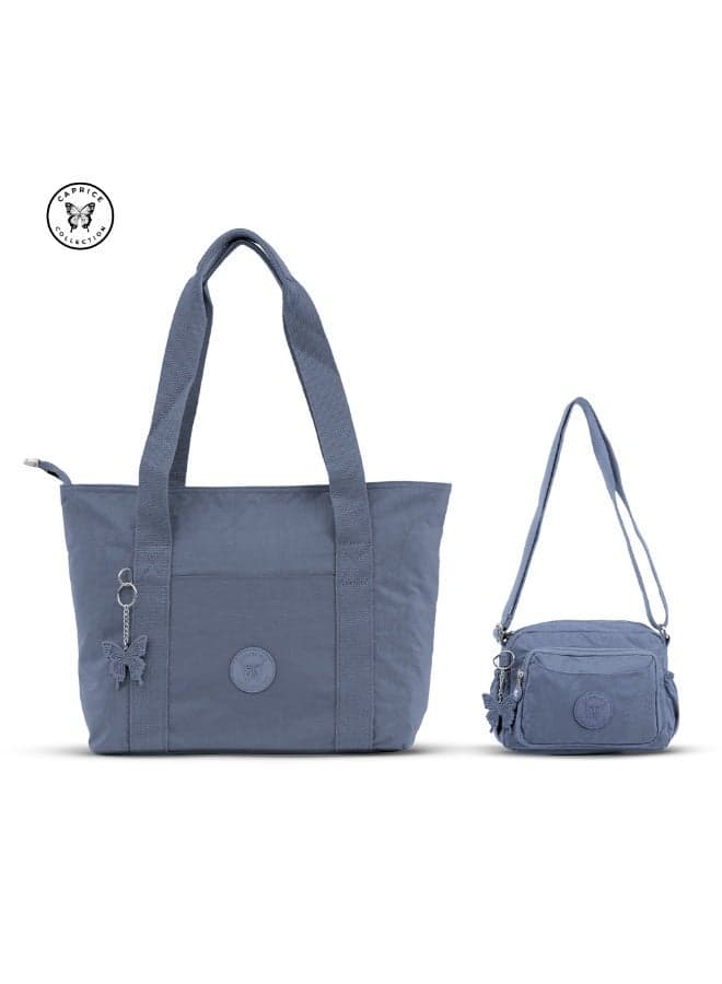 CAPRICE COLLECTION 2 Piece Bag Set for Women - Shoulder Bag & Crossbody Bag, Water Repellent Crinkle Nylon Handbag Set with Multiple Compartments for Travel & Daily Use - Light Blue
