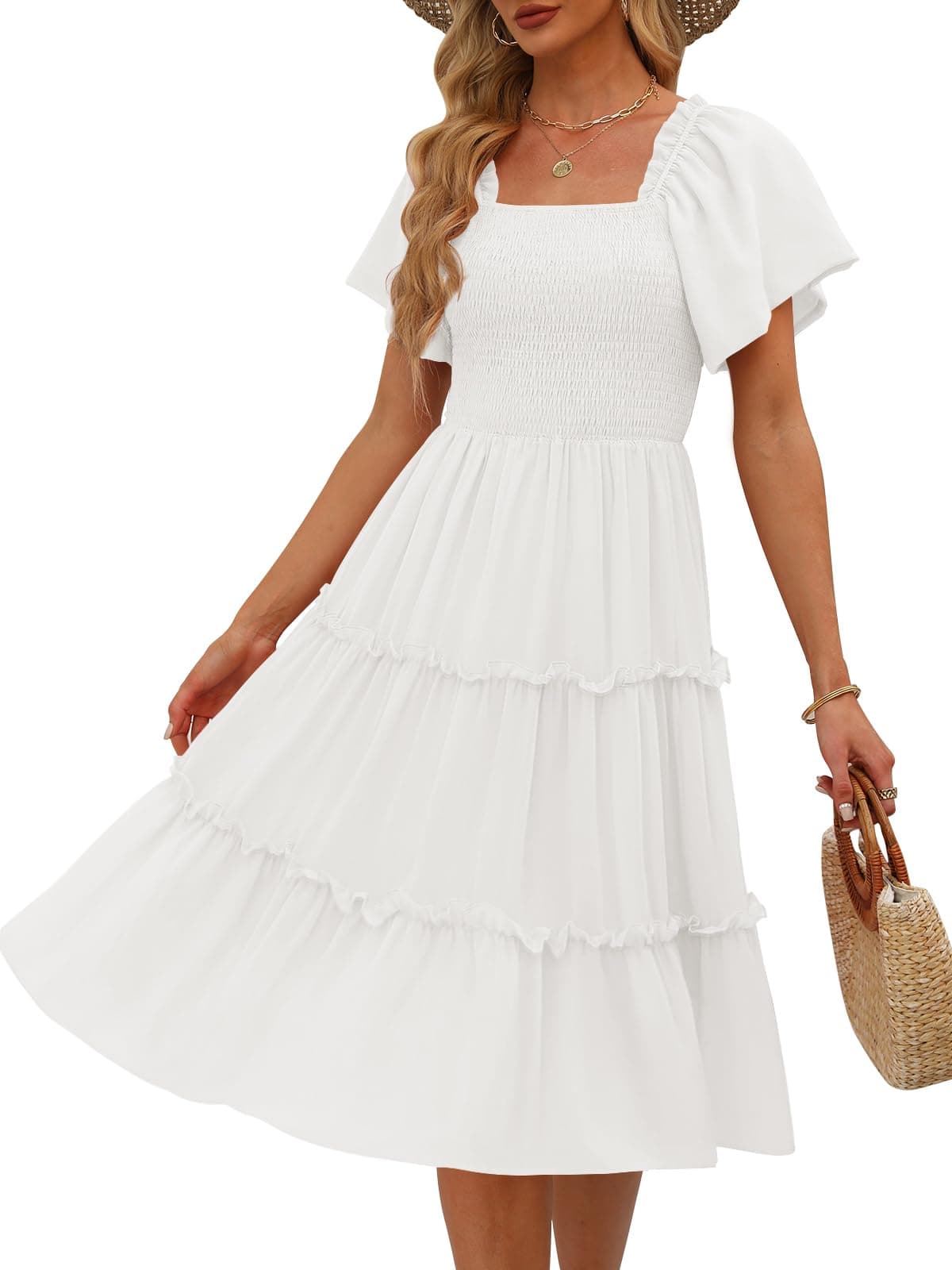 LILLUSORY Spring Midi Graduation Bridal Baby Shower Dresses Women 2024 Summer Casual Flowy Bridal Sun Sundress Trendy Brunch Cute Ladies Vacation Smocked Teacher Clothes Outfits White