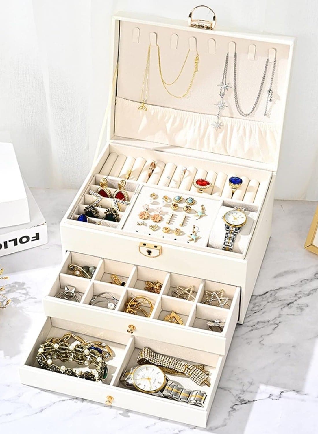 Jewelry Box for Women Girl Wife Large PU Leather Jewelry Organizer Storage Case with Three Layers Display for Earrings Bracelets Rings Watches (White)