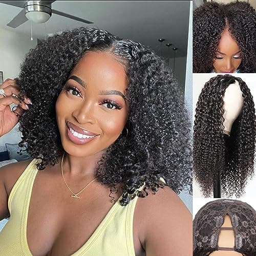 Kiqibeauty Curly V Part Kinky Curly Human Hair Wig for Black Women V Shape No Leave Out Upgrade U Part Glueless 14inch
