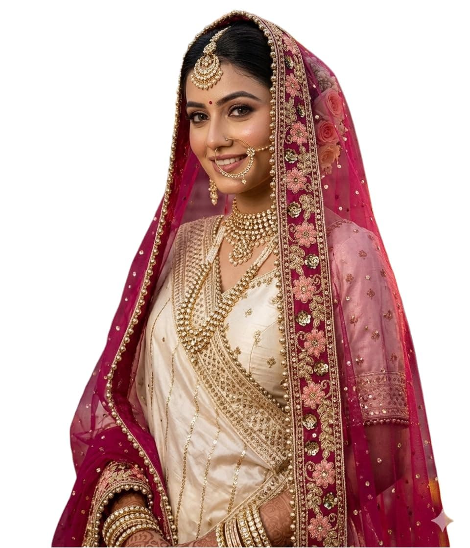 Navti Creations Women's Heavy Net Dupatta With Multicolored Embroidery Border(Full Stone Work, 2.25m) (Magenta (Pink))