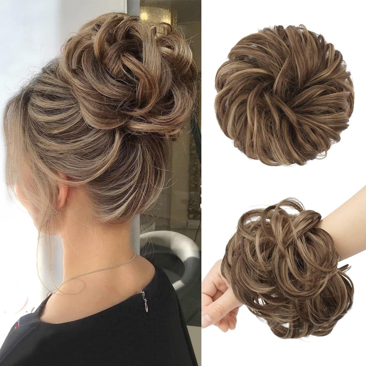 FESHFEN Messy Bun Hair Piece Large Wavy Curly Elastic Hair Bun Scrunchies Ponytail Extensions Synthetic Chignon Hairpieces for Women Light Ash Brown Mixed Golden Brown 194oz