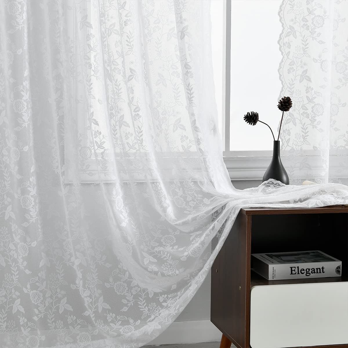 FINECITY White Lace Curtains 63 Inch Length Country Branch Leaf Scalloped Floral Lace Sheer Curtains for Bedroom Privacy Vintage Sheer Curtain Panels for Windows 52 x 63 Inch White 1 Pair