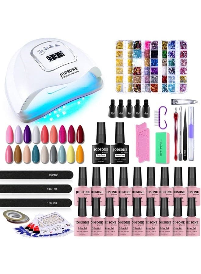 Gel Nail Polish Kit with UV Light, 18 Colors Gel Nail Polish Set with 150W UV Led Nail Lamp Base Coat Top Coat DIY Home Manicure Tools Nail art Glitters Rhinestones Gift for Women A018