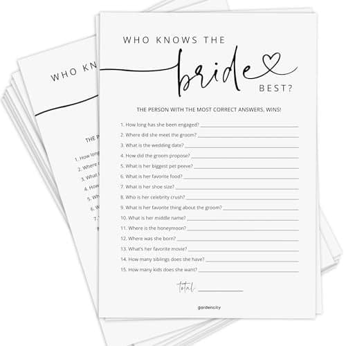 GardenCity Bridal Shower Games, Who Knows The Bride Best Bridal Shower Game for 50 Guests, Minimalist