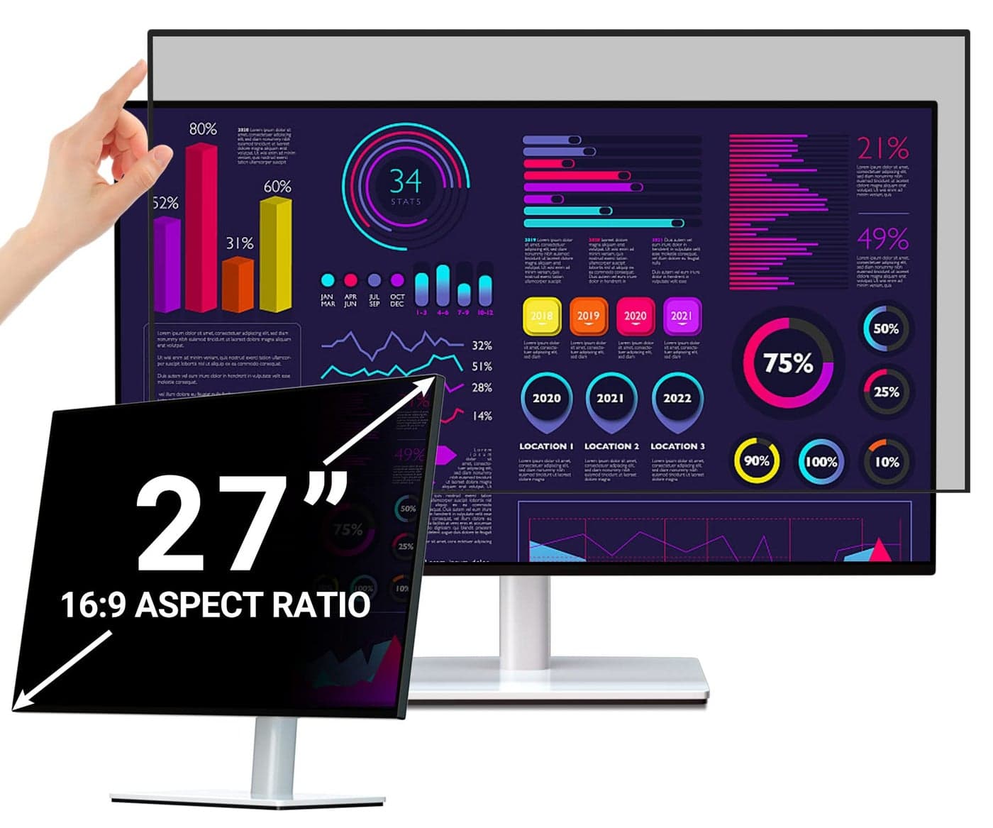 PYS Upgrade 27 Inch Computer Monitor Privacy Screen Filter with - 16:9 Aspect Removable Anti Glare Blue Light Crystal Clear Privacy Screen Shield - No Magnetic No Glue - Anti Scratch Screen Protector