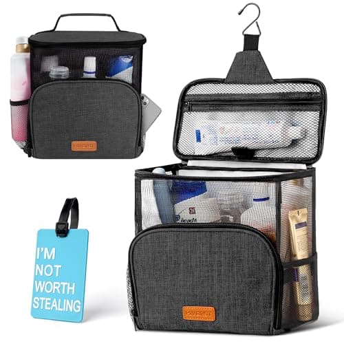 Hiverst Hanging Toiletry Bag, Shower Caddy Tote Bag (Updated Version, Full Size Bottle Compatible), Bath Organizer for College Dorms, Gym, Camp, Women Men, with Funny Luggage Tag