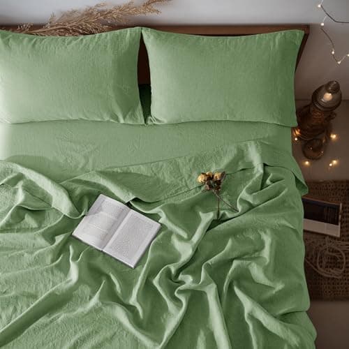 LBRO2M 100 Pure Linen Sheet Set Deep Pocket Up to 16 Bed Sheets Sets Natural Flax Beddings Soft Breathable Comfortable for All Seasons 4 Pcs Sheet Set Queen Size Green