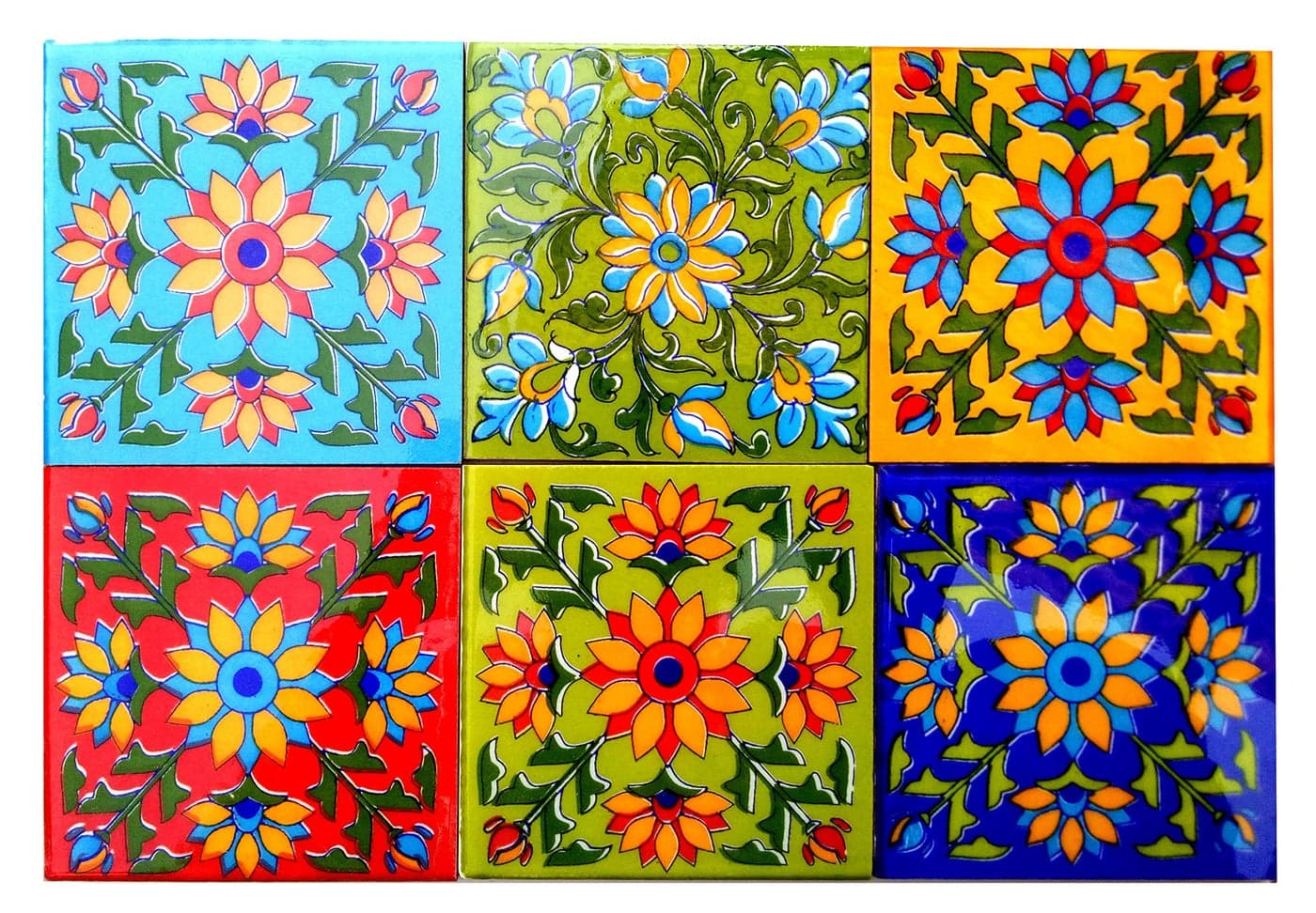 Shiv Kripa Blue Pottery Home Decorative Ceramic Tiles Backsplash Mural Panel for Kitchen Washroom Mosaic 4 x 4 Inch Pack of 6 (Multi)