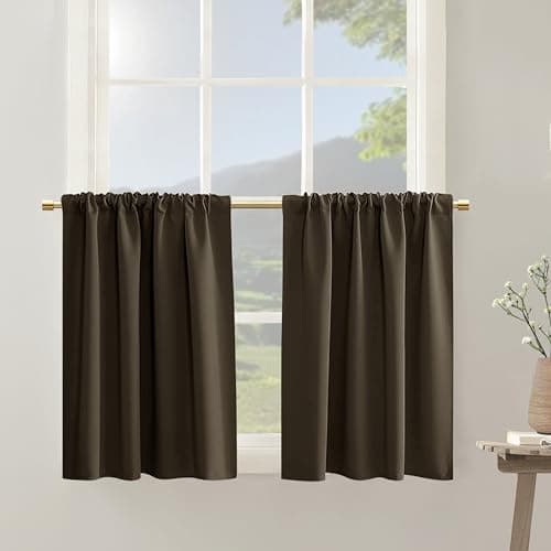 Chocolate Brown Basement Window Curtains,Cabinet Curtains for Under Kitchen Sink,Privacy Thermal Insulated Short Curtains 24 Inch Length for Bathroom Small Windows,Dark Coffee,Set 2 Panels
