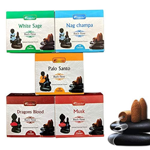 Aromatika Natural Backflow Incense Cones, 5 Packs 5 Fragrances 50 Pcs, (Nag Champa, Dragons Blood, White Sage, Palo Santo, Musk) | Pack 'A'