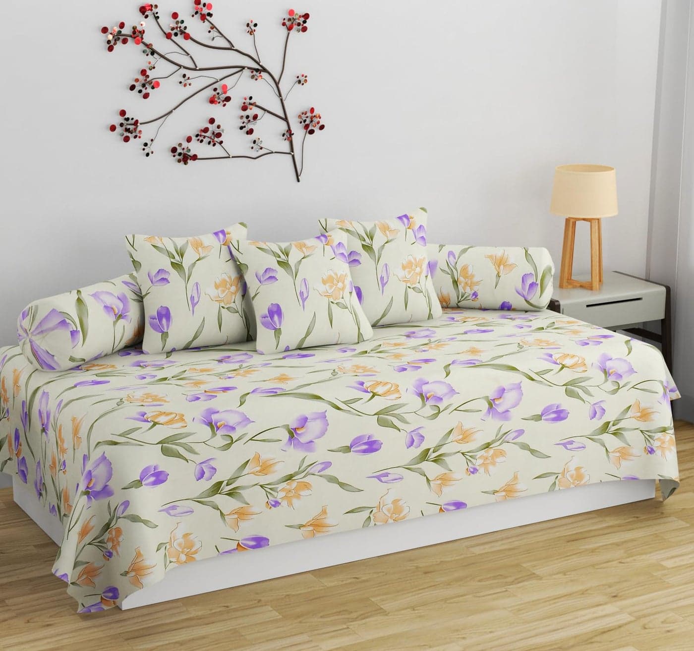 SHOMES Pure Soft Cotton Printed Diwan Set Covers 6 Pieces - 1 Single Bed Sheet (60 X 90) with 3 Cushion (16 X 16), 2 Bolster Covers (16 X 32) - (Cream, Medium)