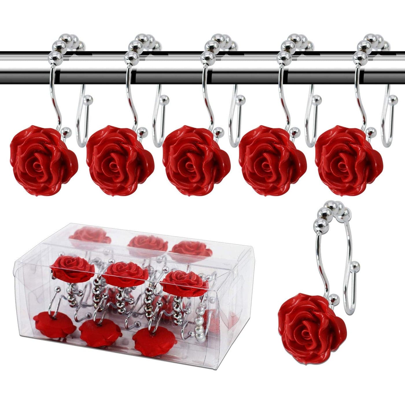 BEAVO Rose Shower Curtain Hooks12 Pcs Double Glide Shower Curtain Rings Stainless Steel Rustproof Decorative Shower Hook Ring with Resin Rose Flower for Bathroom Shower Rods Red