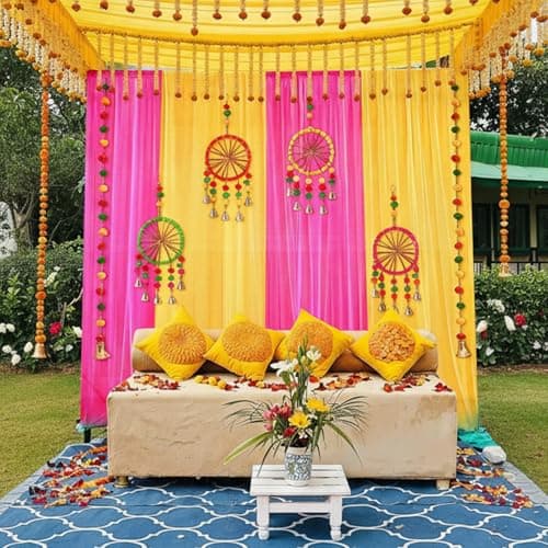 Party Propz Pink and Yellow Backdrop Decoration Set - 17Pcs Haldi Decoration Items for Home Decor, Haldi Decorations Backdrop Set, Background for Pooja Decorations, Wedding Decor (Satin)