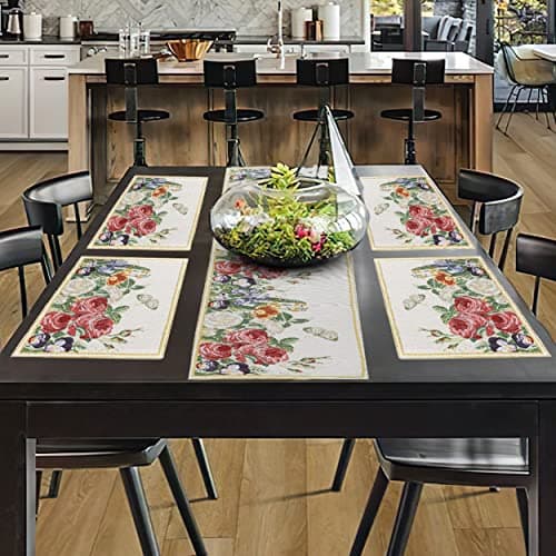 PRAKARTIK BY INDUARTS Rose Flower & Leaves Eco-Friendly Cotton Dining Table Mats with Runner – Reusable, Machine Washable, Everyday Use Red & Yellow Rectangular Placemats, Set of 4+135 cm Runner