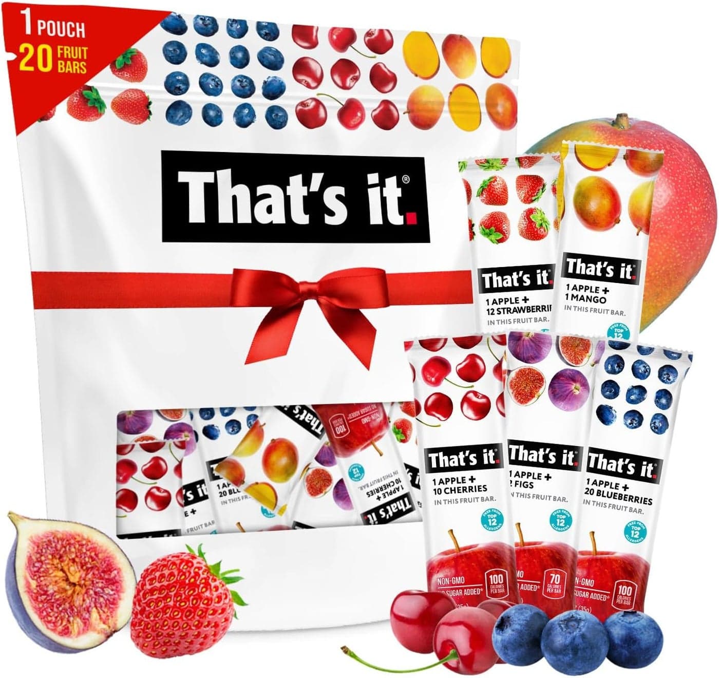 That's it Fruit Bars Snack Gift Box - 20 Pack of 100% All Natural, Gluten-Free, Vegan, Low Carb Healthy Fruit Snacks (Strawberry, Mango, Blueberries, Cherries & Fig Bars)
