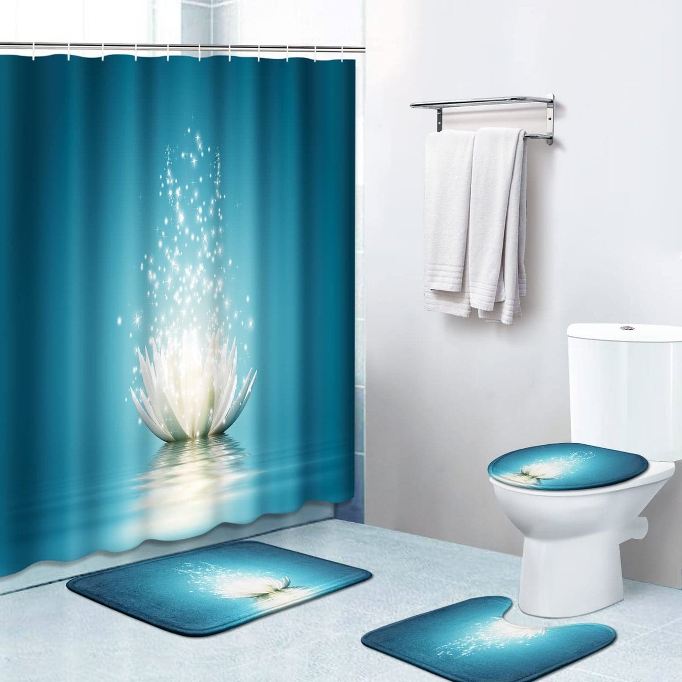 Britimes 4 Piece Shower Curtain Sets with 12 Hooks Magic Lotus Flower Turquoise Zen with NonSlip Rugs Toilet Lid Cover and Bath Mat for Bathroom Decor Set 72 x 72