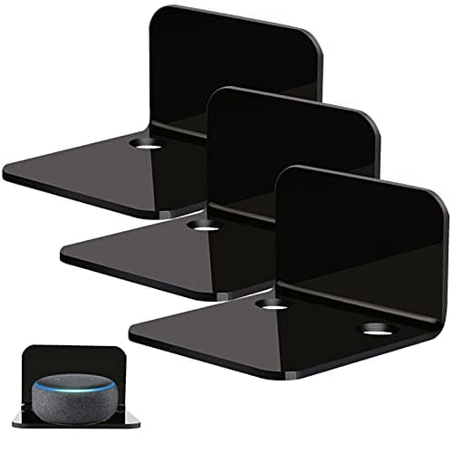 OAPRIRE Acrylic Floating Wall Shelves Set of 3, Drill Free with10 Piece Strong Tapes - Universal Small Adhesive Shelf for Security Cameras, Baby Monitors with Cable Clips (Black)