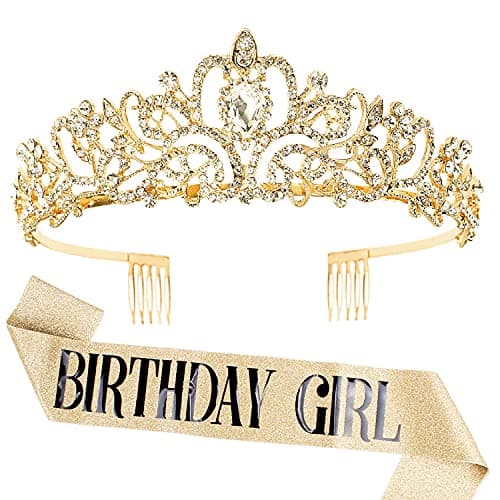 Aprince Birthday Crown Sash Set Rhinestone Tiaras and Crowns for Women Girls Gold Tiara Sash for Birthday Prom Photoshoot