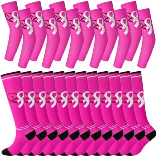 Cozypower 6 Set Breast Cancer Awareness Sleeves and Socks Pink Ribbon Football Arm Sleeves Knee High Socks for Youth Sport XsPink