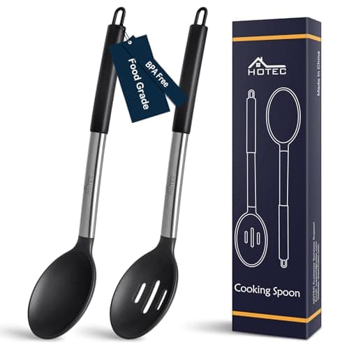 HOTEC 446F Heat Resistant Large Silicone Cooking Spoon BPA Free Solid Slotted Spoons Nonstick Kitchen Cookware Utensils Mixing Serving Stiring Large Spoons Black