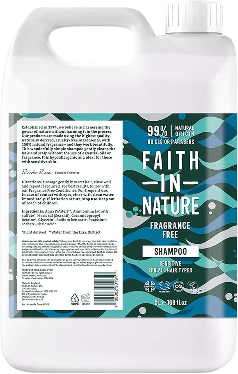 Faith In Nature Natural Fragrance Free Shampoo Sensitive Vegan and Cruelty Free No SLS or Parabens For All Hair Type 5L Refill Pack