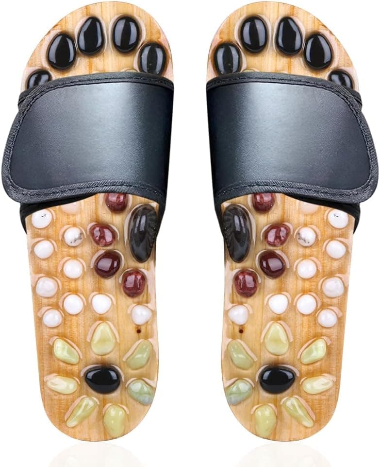 Acupressure Massage Slippers with Earth Stone, Therapeutic Reflexology Sandals for Foot Acupoint Massage Shiatsu Arch Pain Relief, Fit Women 6-7 Feet Size