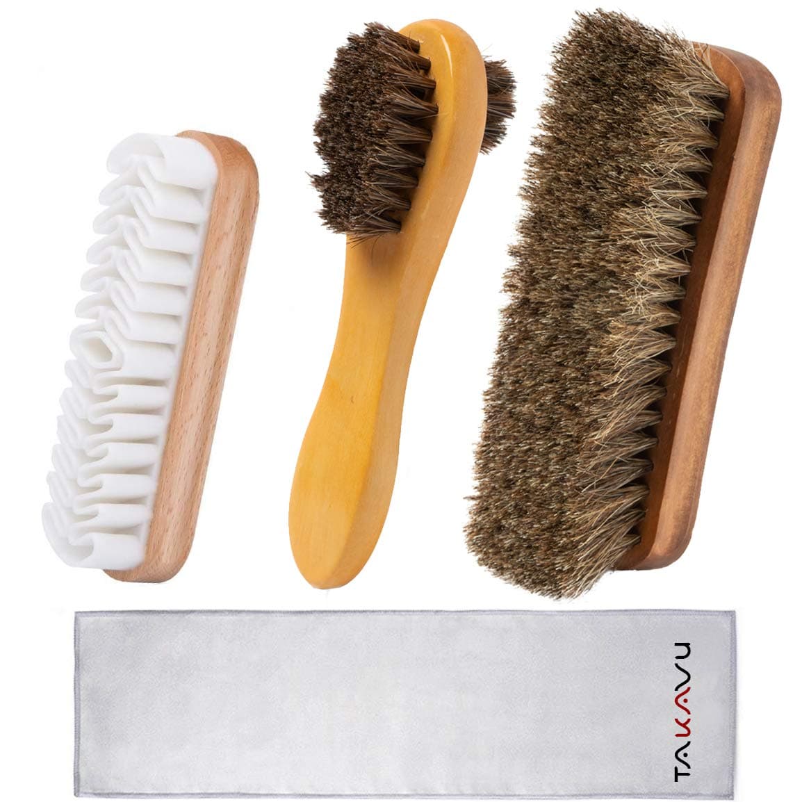 TAKAVU Shoe Shine Brushes Kit 4PCS 100 Soft Horsehair Bristles Brush Polish Applicator Crepe Suede Shoes Brush Microfiber Buffing Cloth for Shoes Leather Boot Cloth Bag