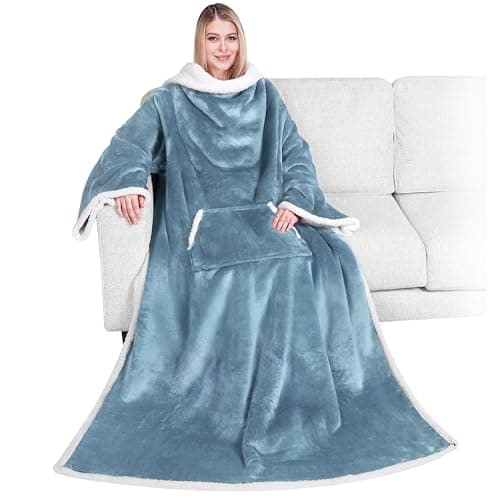 PAVILIA Sherpa Wearable Blanket with Sleeves and Pocket, Plush Thick Cozy Body Blanket Wrap for Adult Women Men, Christmas Gift for Wife Mom, Dusty Blue