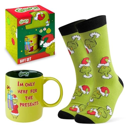 The Grinch Mug & Socks Gift Set for Women Men Teens, 11oz Tea Coffee Cup & Crew Socks US Size 7-11, Festive Holiday Christmas Secret Santa Gifts