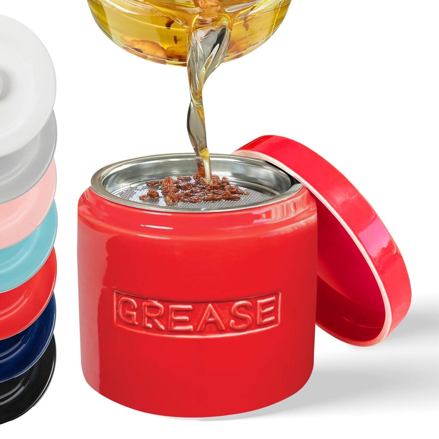 Bacon Grease Saver with Strainer 32oz Ceramic Container for Kitchen Holds Bacon Fat Drippings Oil for Reuse Keeper Can Holds Cooking Frying Oil Dishwasher Safe