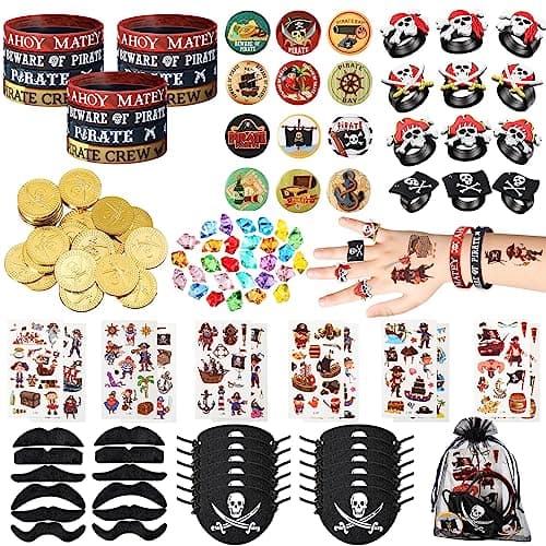 Harrycle 144 Pcs Pirate Party Favors Supplies Include Pirate Bracelet Nautical Tattoo Button Pin Eye Patch Gold Coin Gem Ring Mustache Organza Bag for Kids Boy Pirate Birthday Party Goodie Bag Fillers