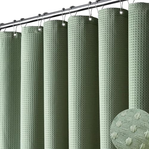 Dynamene Stall Fabric Shower Curtain 54 inch Wide Waffle Weave Weighted Thick Cloth Shower Curtains for Bathroom Heavy Duty Hotel Spa Luxury Bath Curtain Set with 10 Hooks 54x72 Sage Green