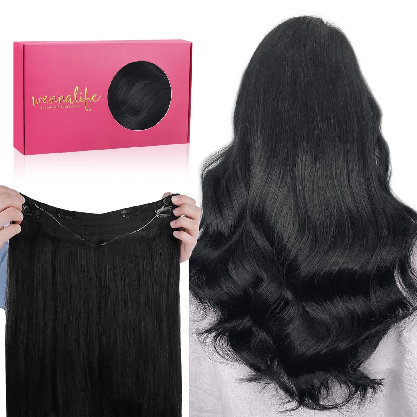 WENNALIFE Wire Hair Extensions Increase 50 Lifespan Real Human Hair 18 inch 95g Jet Black Remy Hair Invisible Transparent Wire Fish Line Straight Reusable Natural Extensiones De Cabello Humano