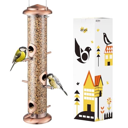 iBorn Metal Bird Feeders Brushed Copper Wild Bird Feeder for Outdoors Hanging All Metal Brushed Copper Finishing 14 Inch 6 Port(Seed is not Included)