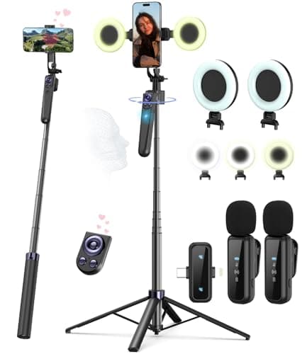 Vlogging Kit for iPhoneAndroid 63Auto Face Tracking Tripod for iPhone with Light Wireless Microphones Scrolling Remote Control for TikTok Content Creator Kit for YouTube Starter