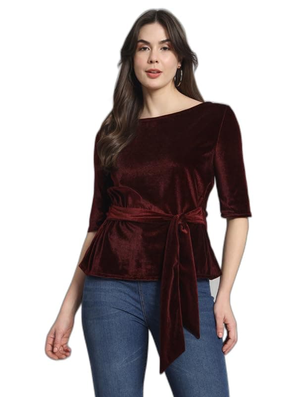Vaararo Party Top for Women with Front Tie Waistband | Shiny Velvet Half Sleeeves Stylish Outfit Sporty Maroon Large