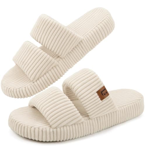 LongBay Slippers for Women Memory Foam Open Toe Slide Indoor House Shoes Slip On Bedroom Comfy Gift Beige, 5-6