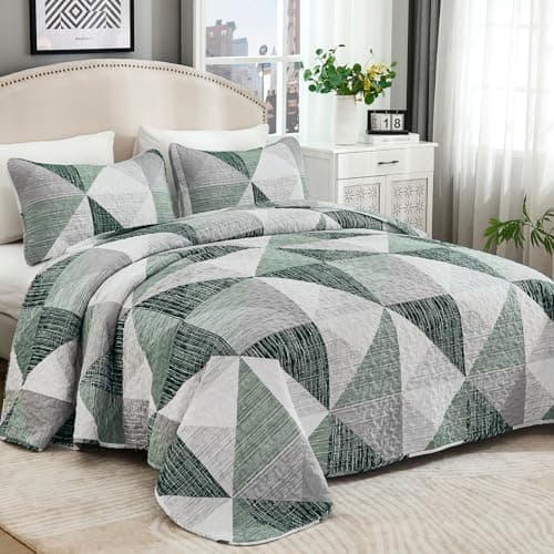 Dintszyayue King Size Quilt Green, 3 Pieces Patchwork Bedspread Bedding for King Size Bed, Soft Lightweight Microfiber Geometric Coverlet Set for All Season Quilts with 2 Pillowcases