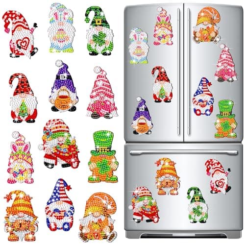 Frienda 12 Pcs Diamond Art Magnets Refrigerator Diamond Painting Magnets Seasonal Gnome Easy Kits Interchangeable for Adults Beginners DIY Gnome Home Decors Gifts Craft