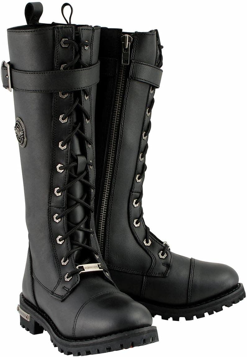 Milwaukee Leather MBL9355 Women's Black 14-inch Lace-Up High-Rise Leather Boots with Calf Buckle - Size 8