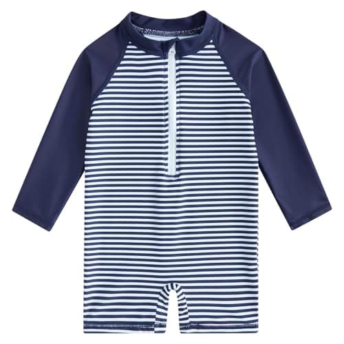 uideazone 6-12 Months Baby Boys Swimsuit Navy Blue Striped Long Sleeve Sunsuit One Piece Rash Guard Swimwear Swim Suit
