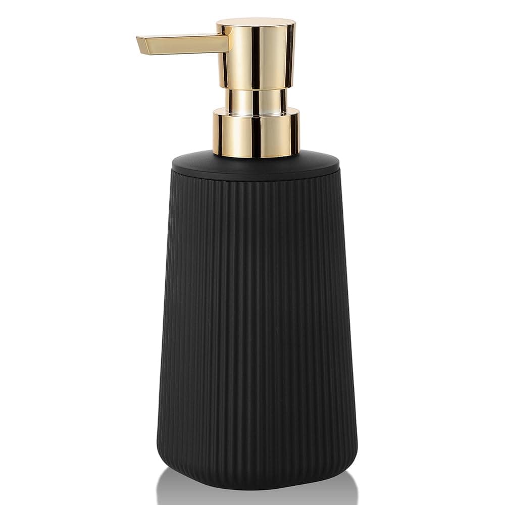 Small Soap Dispenser for Bathroom and Kitchen Modern Farmhouse Striped Style Plastic Hand Soap Dish Soap Dispenser with Pump Matte Black and Gold
