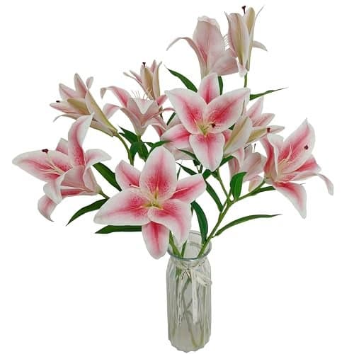 ARTIFIPLANT Artificial Lily Flowers,4 Pcs Faux Lily Flowers,32.5 Inch Long Stem Tiger Lily Branch with 2 Full Blooms and 1 Bud, Latex Real Touch Lilium Flower for Wedding Bouquet (4, Pink)
