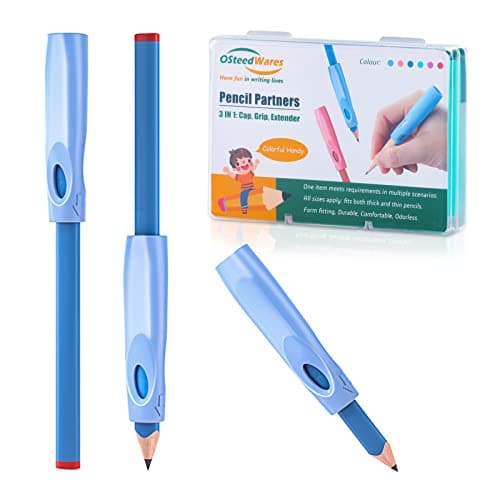 Ergonomic Pencil Grip, Extender & Cap 3 in 1, Silicone Pencil Partners Pack of 6 Pcs for Kids and Adults Handwriting