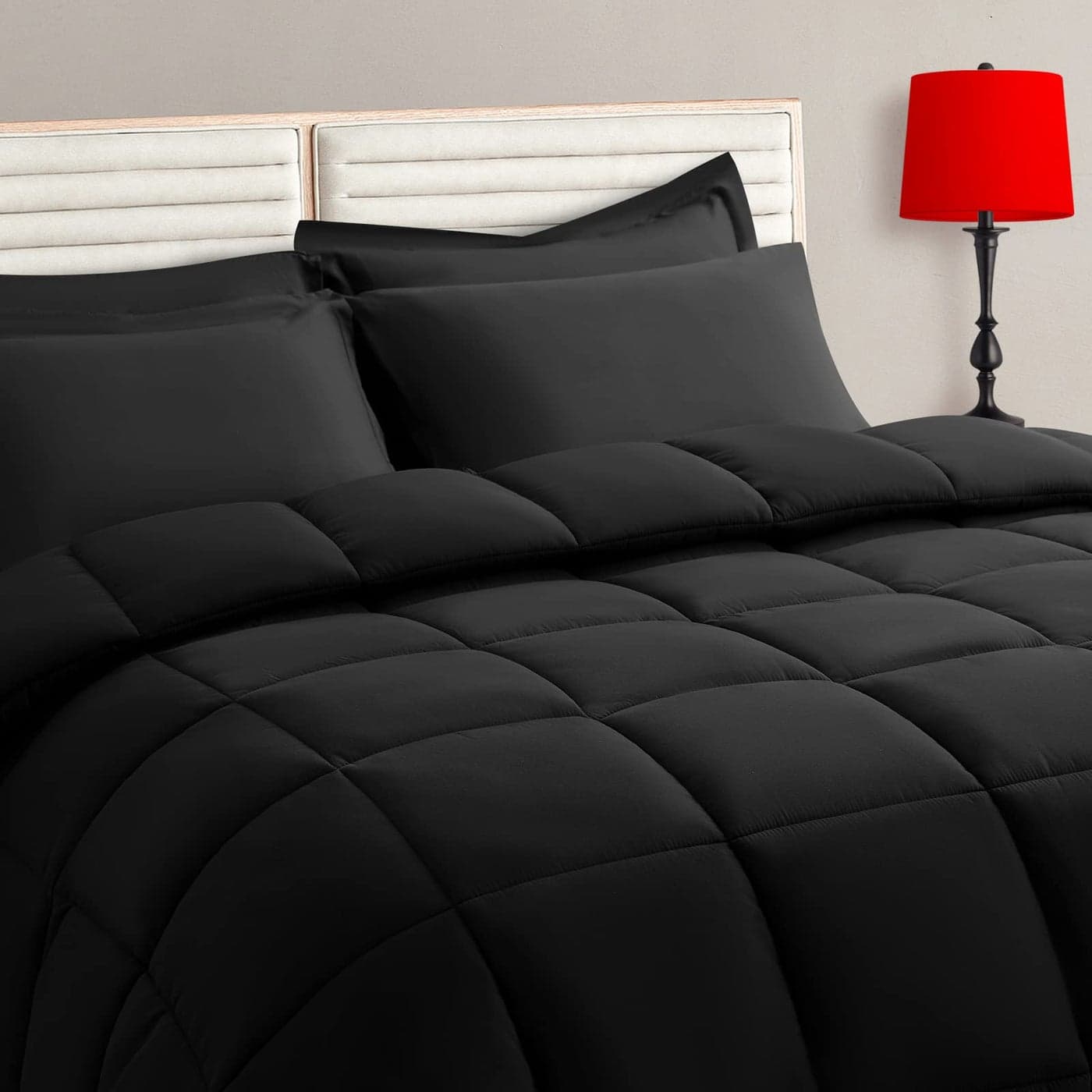 TAIMIT Queen Size Comforter Set 7 Pieces Bed in a Bag Bedding Sets with All Season Soft Quilted Warm Fluffy Reversible ComforterFlat SheetFitted Sheet2 Pillow Shams2 PillowcasesBlack