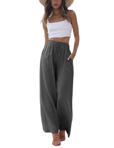 Faleave Women's Cotton Linen Summer Palazzo Pants Flowy Wide Leg Beach Trousers with Pockets(Darkgrey-L)