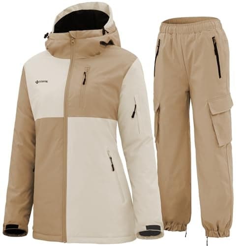 GEMYSE Women's Ski Snow Jackets and Pants Set Windproof Waterproof Snowsuit Warm Winter Snowboarding Insulated Coat(Apricot Illusion White,X-Large)