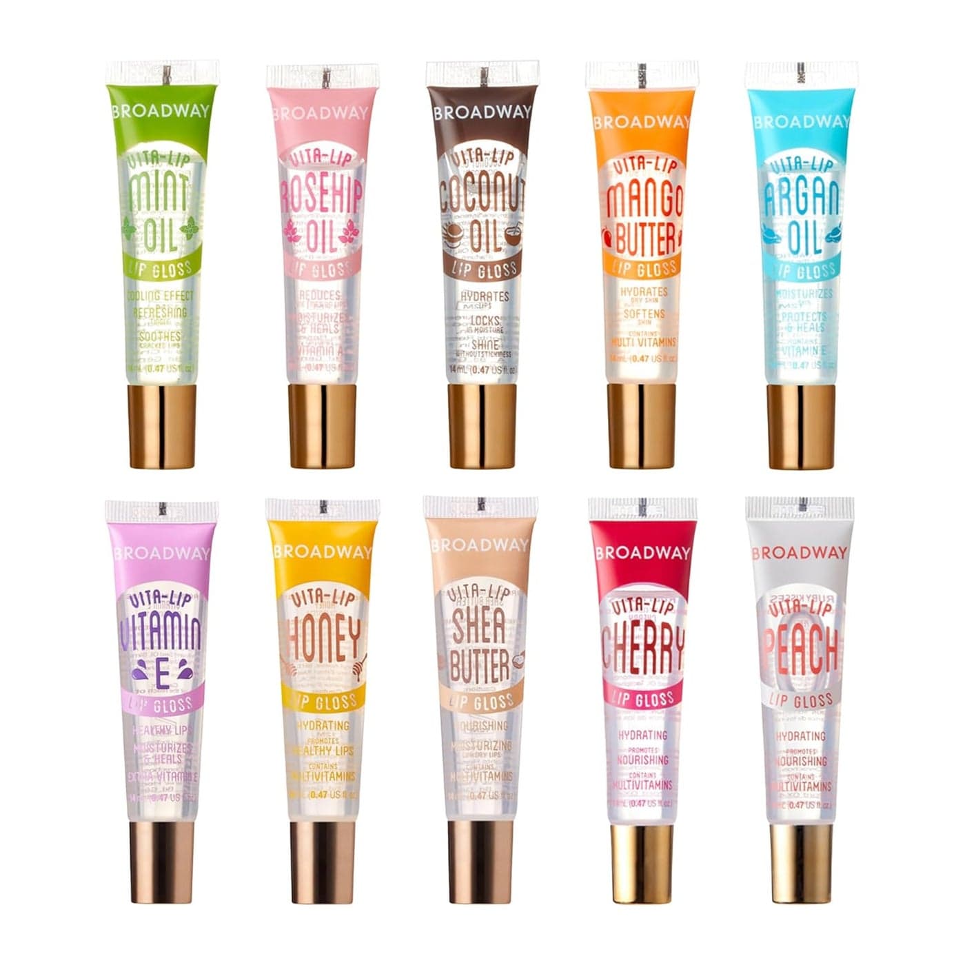 Ruby Kisses Broadway VitaLip Clear Lip Gloss 10 Pack Hydrating Soothing Formula with Vitamin HighShine NonSticky Lip Balm with Mint Rosehip Coconut Mango Argan Honey Shea Cherry Peach